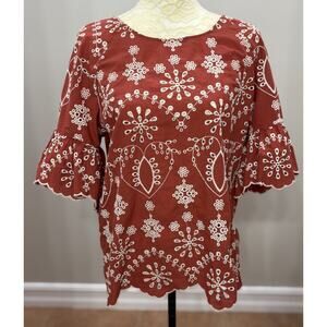 GIVEN KALE Women’s Top M Ivory Orange Embroidered Eyelet Hippie‎ Boho Short Slv